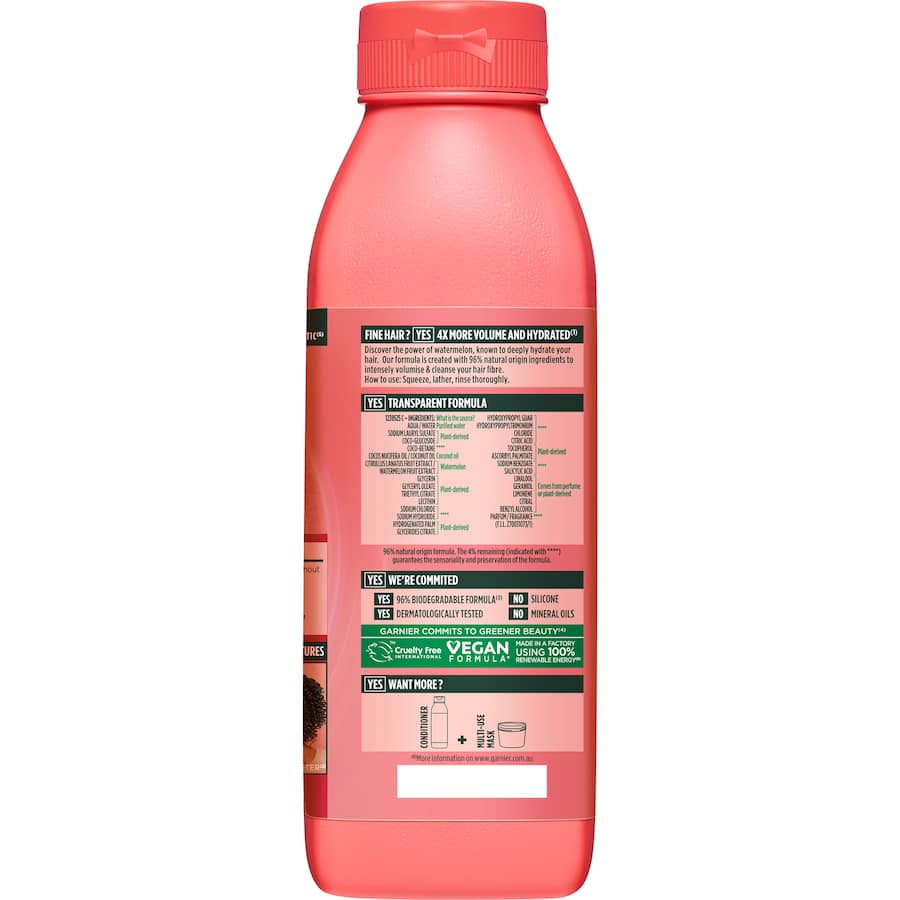 Garnier Fructis Watermelon Shampoo for fine hair, hydrates deeply, 96% natural ingredients, cruelty-free, vegan, 350ml bottle.