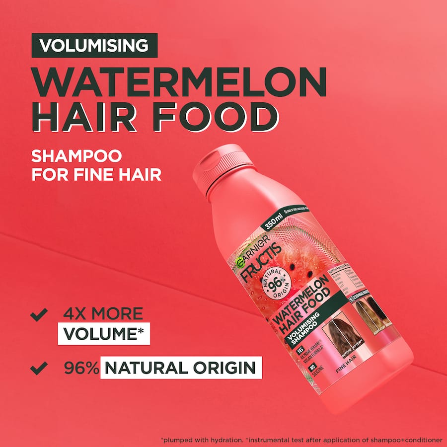 Garnier Fructis Watermelon Shampoo in 350ml: hydrating, silicone-free formula for fine hair, plumps by 4X with natural ingredients.