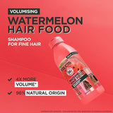 Garnier Fructis Watermelon Shampoo in 350ml: hydrating, silicone-free formula for fine hair, plumps by 4X with natural ingredients.