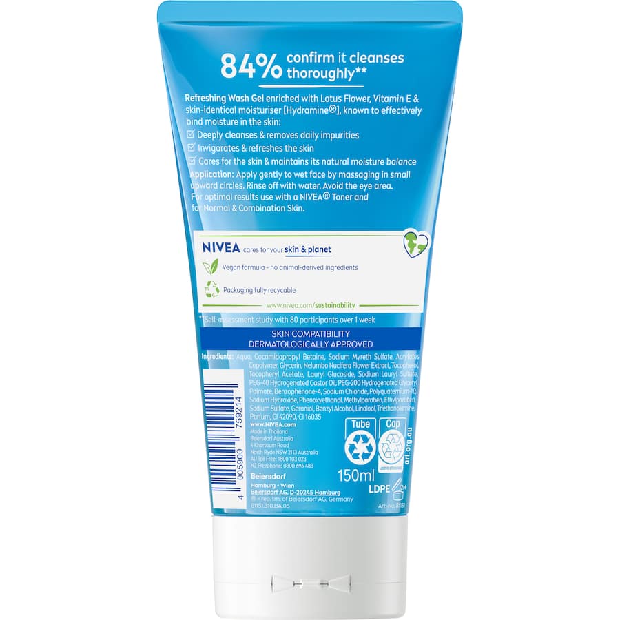 Nivea Facial Wash Gel Refreshing featuring Lotus Flower and Vitamin E for clean, radiant skin; suitable for daily use.