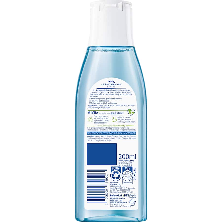 NIVEA Refreshing Toner with Lotus Flower and Vitamin E, designed for daily use to cleanse and hydrate normal and combination skin.