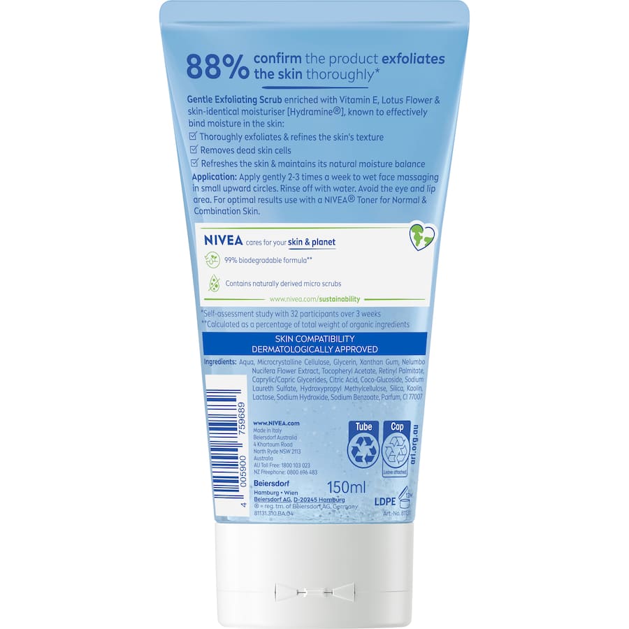 Nivea Gentle Facial Scrub Refreshing: exfoliating scrub with Lotus Flower and Vitamin E, for rejuvenated, hydrated skin.