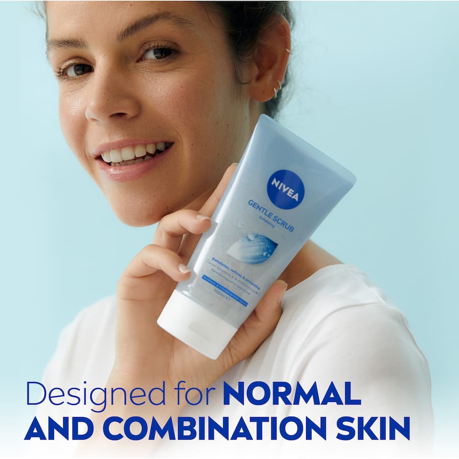 Nivea Gentle Facial Scrub with Lotus Flower and Vitamin E for refreshing, gentle exfoliation of normal and combination skin.