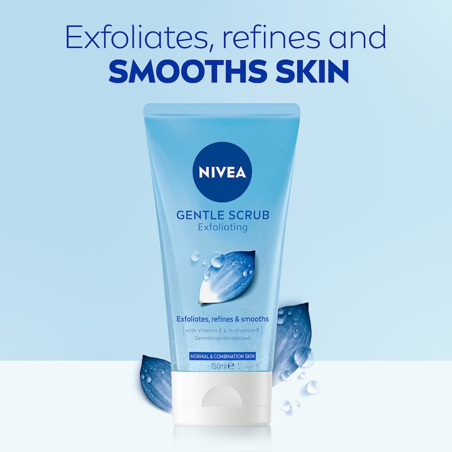 Nivea Gentle Facial Scrub, enriched with Lotus Flower and Vitamin E, gently exfoliates normal and combination skin for a refreshed look.