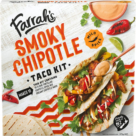 Farrah's Mexican Smoky Chipotle Taco Kit featuring spice mix, creamy mayo, and flame-baked tortillas for authentic tacos.