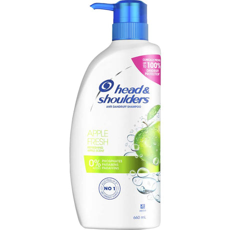 Head & Shoulders Apple Fresh Shampoo bottle with apple scent, offers effective anti-dandruff and scalp care for all hair types.