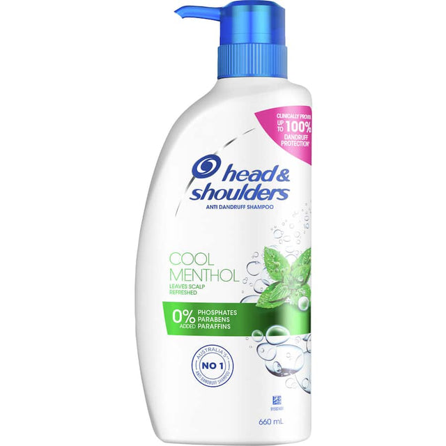 Head & Shoulders Cool Menthol Shampoo, infused with menthol, offers refreshing dandruff protection and a soothing scalp sensation.