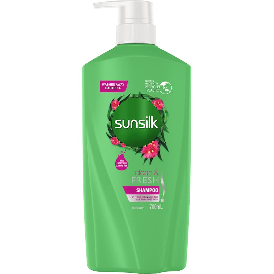 Sunsilk Clean & Fresh Shampoo with eucalyptus and white tea for revitalizing, paraben-free hair care that leaves hair clean and bouncy.