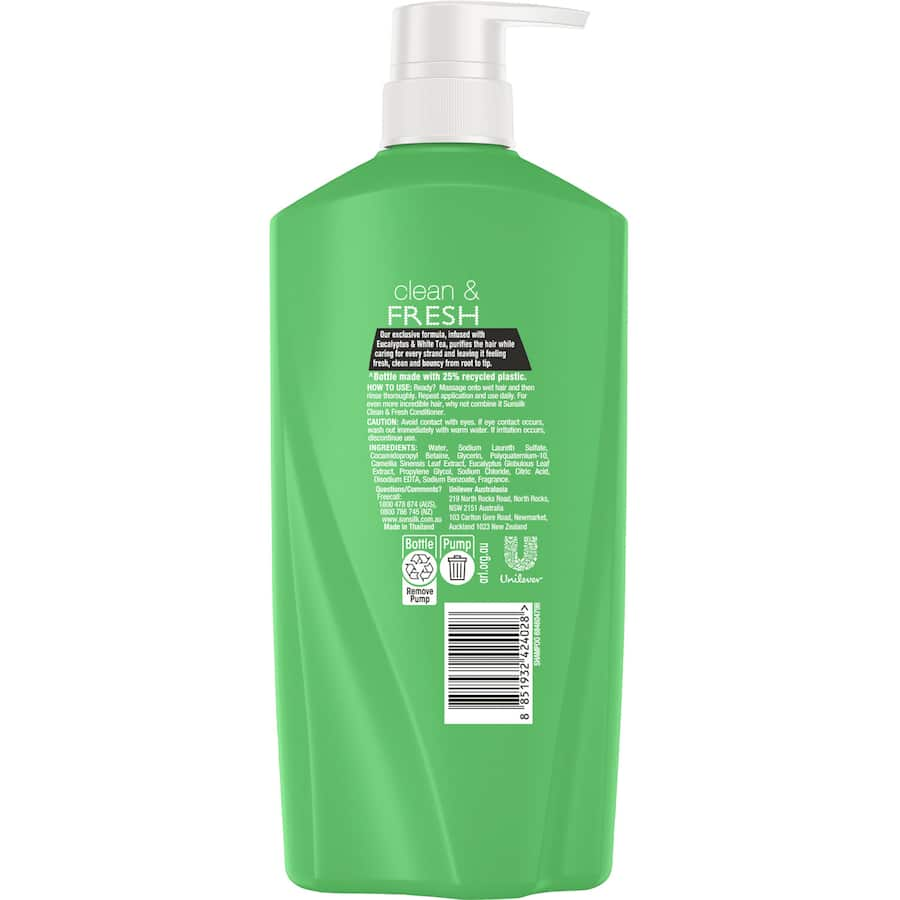 Sunsilk Shampoo Clean & Fresh: Purifying shampoo with eucalyptus and white tea for fresh, clean, bouncy hair. Paraben and dye-free.