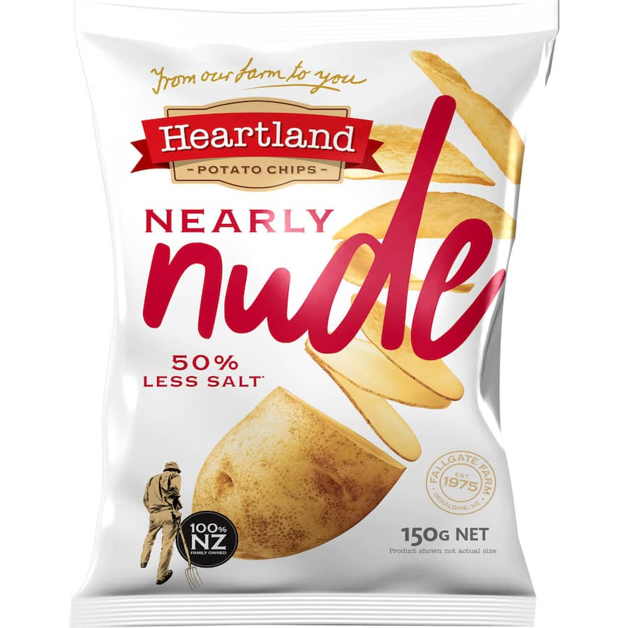 Heartland Chips Nearly Nude Less Salt: light, crispy potato chips with 50% less salt, made for health-conscious Kiwis.