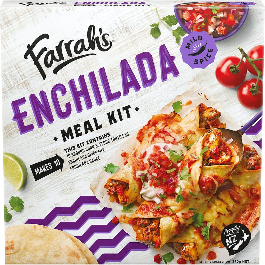 Farrah's Meal Kit Enchilada with chipotle spice mix, rich tomato sauce, and flame-baked tortillas for a tasty family meal.