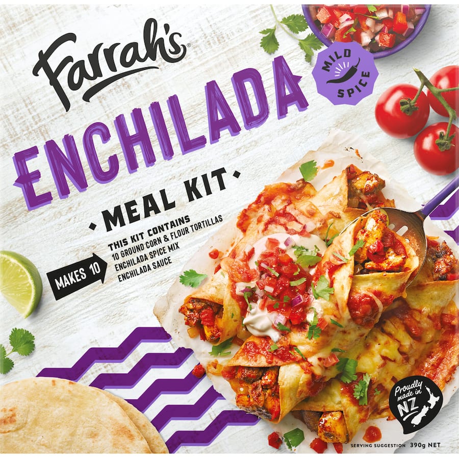 Farrah's Meal Kit Enchilada featuring chipotle spice, rich tomato sauce, and flame-baked tortillas for a family feast.