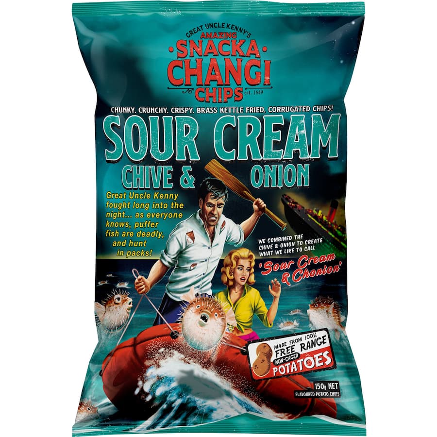 Crunchy Snacka Changi Chips in Sour Cream, Chives & Onion flavor, perfect for dipping or enjoying straight from the bag.