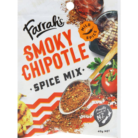 A jar of Farrah's Spice Mix Smoky Chipotle, showcasing its rich smoky and mild chipotle flavor for versatile cooking.