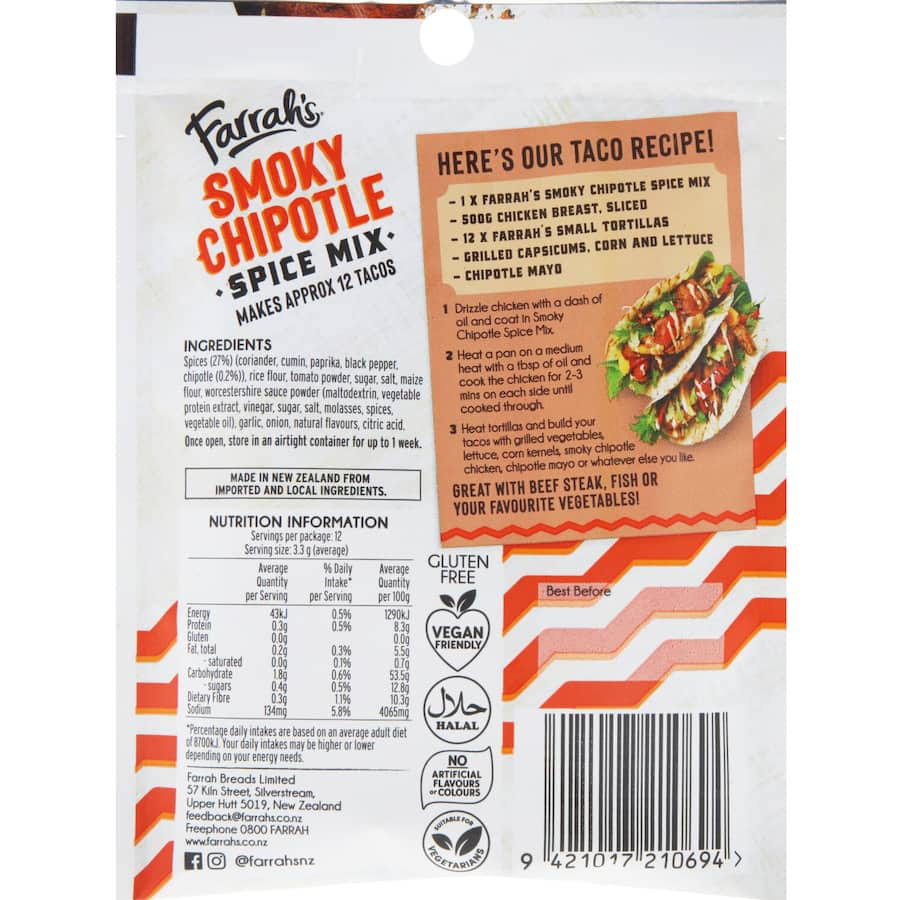 Farrah's Spice Mix Smoky Chipotle features a versatile blend of smoky flavors and mild chipotle for enhancing any dish.