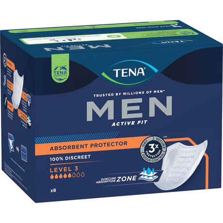 TENA Men Continence Pads Level 3: discreet, super absorbent pads designed for maximum security against heavy bladder leakage.