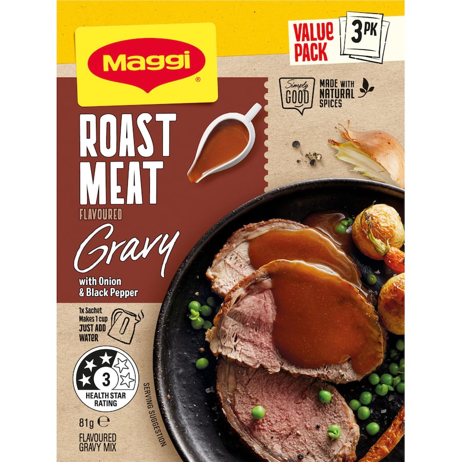 Maggi Instant Gravy Mix Roast Meat 27g packet for quick, delicious, gluten-free gravy to enhance any roast meal.