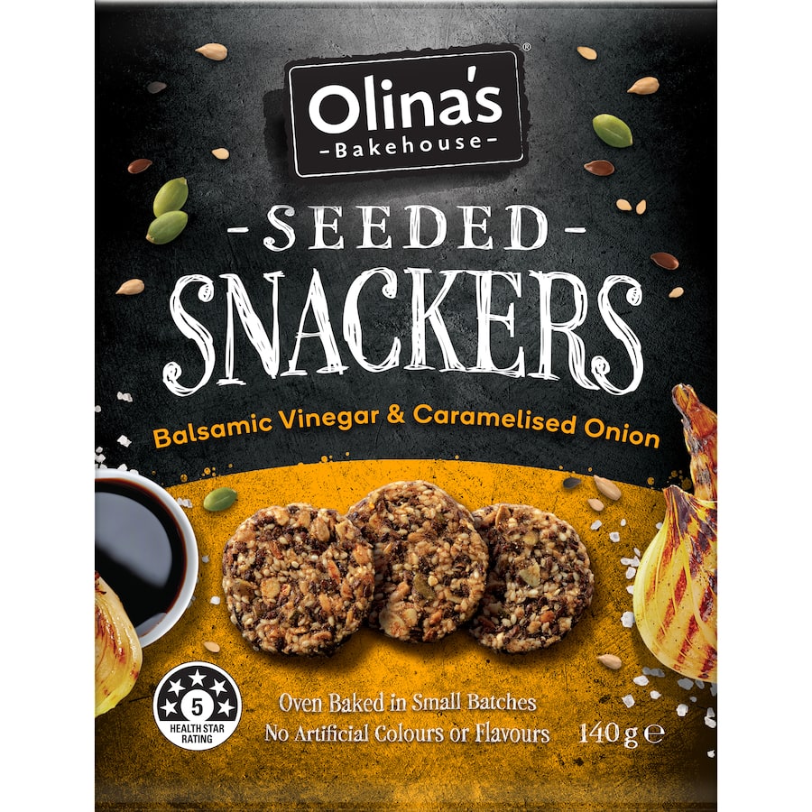 Olina's Bakehouse Snackers are gourmet seeded crackers with balsamic vinegar and onion, perfect for healthy snacking.