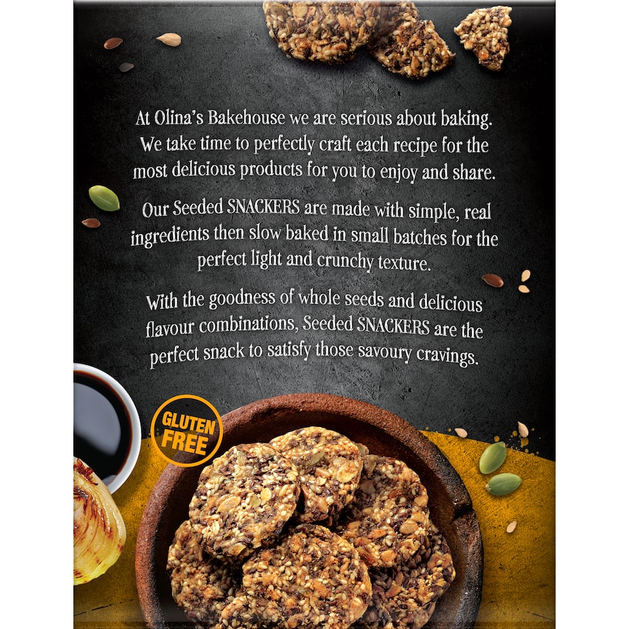 Olina's Bakehouse Seeded Crackers with Balsamic Vinegar & Onion, oven-baked for a crunchy, gourmet snack experience.