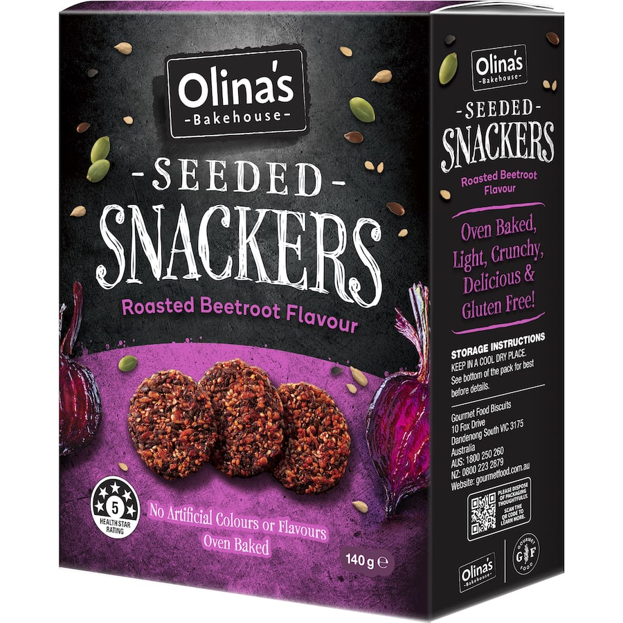 Olina's Bakehouse Seeded Crackers with Roasted Beetroot, showcasing a crunchy texture and rich flavor, perfect for healthy snacking.