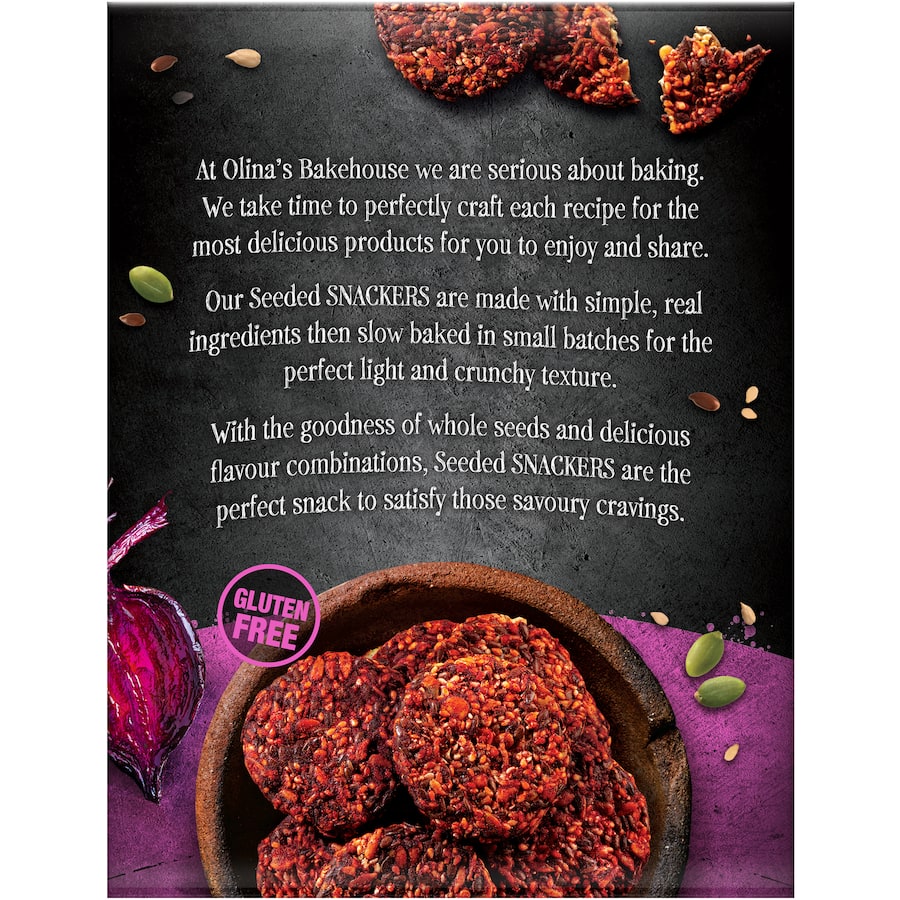 Olina's seeded crackers with roasted beetroot, offering a light, crunchy snack rich in flavor and nutrition.