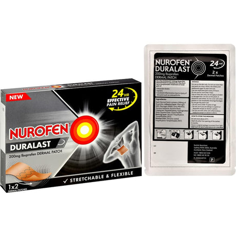 Nurofen Duralast Ibuprofen Patch for 24-hour pain relief from muscular pain and inflammation, featuring a flexible design.