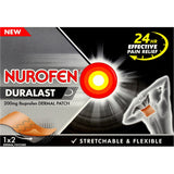 Nurofen Duralast Ibuprofen Patch for 24-hour targeted relief from muscular pain and inflammation, includes 2 stretchable patches.