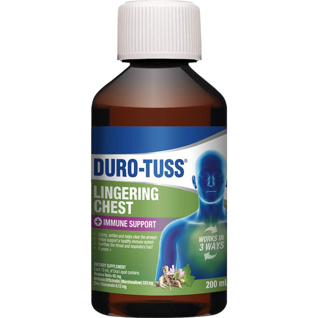 Duro-Tuss Lingering Chest syrup in blackberry and vanilla for respiratory and immune support, suitable for ages 6+.