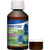 Duro-Tuss Lingering Chest syrup for ages 6+, soothing blackberry and vanilla flavor, supports respiratory and immune health.