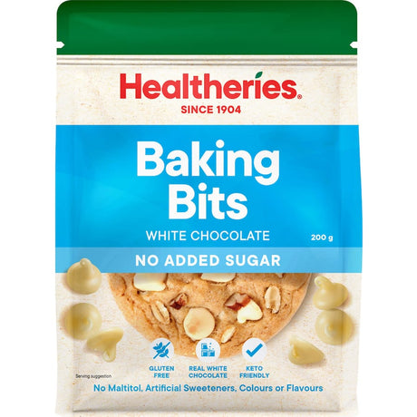 Healtheries No Added Sugar White Chocolate Baking Bits, perfect for guilt-free desserts like cookies and cakes.