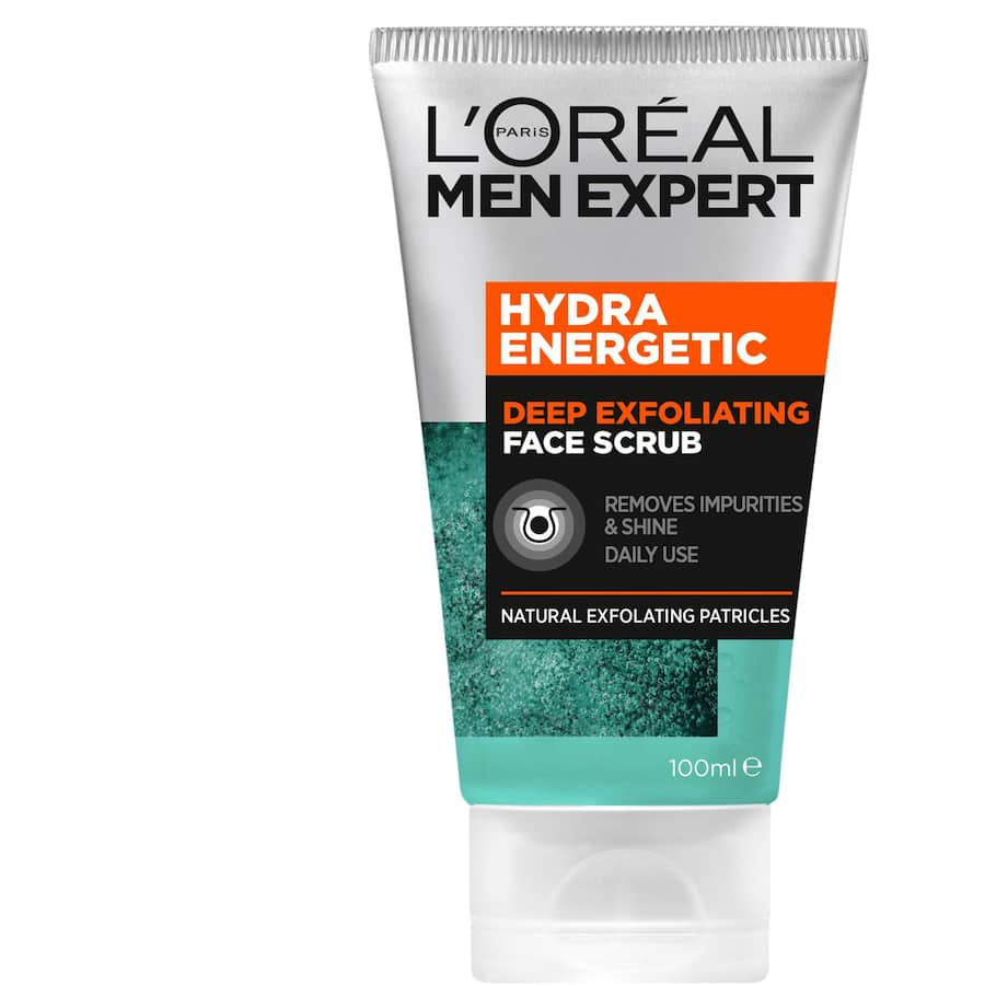 Facial scrub tube with micro-exfoliating beads for men, designed to cleanse and revitalize oily skin, 100ml.