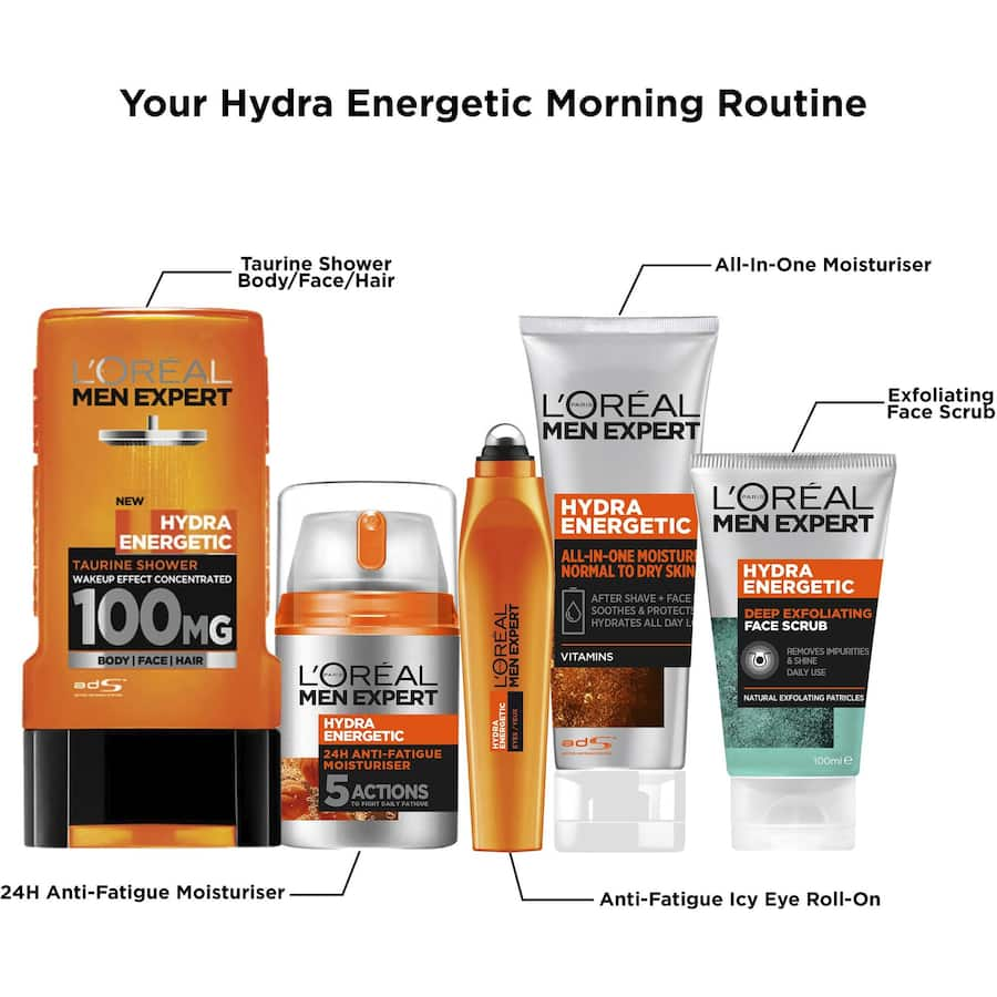 L'Oréal Men Expert Hydra Energetic Facial Scrub with micro-exfoliating beads for oily skin, deeply cleanses and revitalizes.