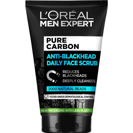 L'Oreal Men Expert Facial Scrub with 2000 microbeads, infused with pure carbon, combats blackheads for clear, refreshed skin.