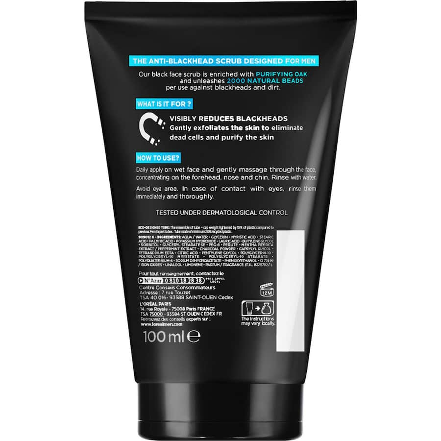 L'Oreal Men Expert Facial Scrub with pure carbon targets blackheads, featuring 2000 microbeads for deep exfoliation and clean skin.