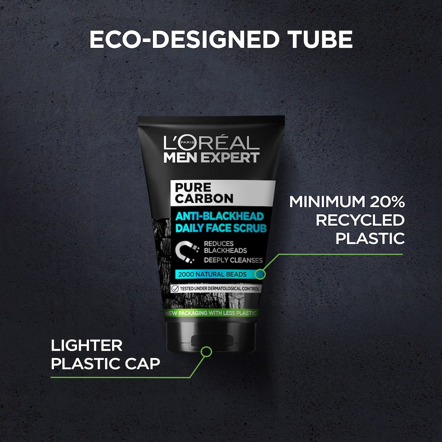 L'Oreal Men Expert Facial Scrub with pure carbon and 2000 microbeads, designed to combat blackheads and deeply exfoliate skin.