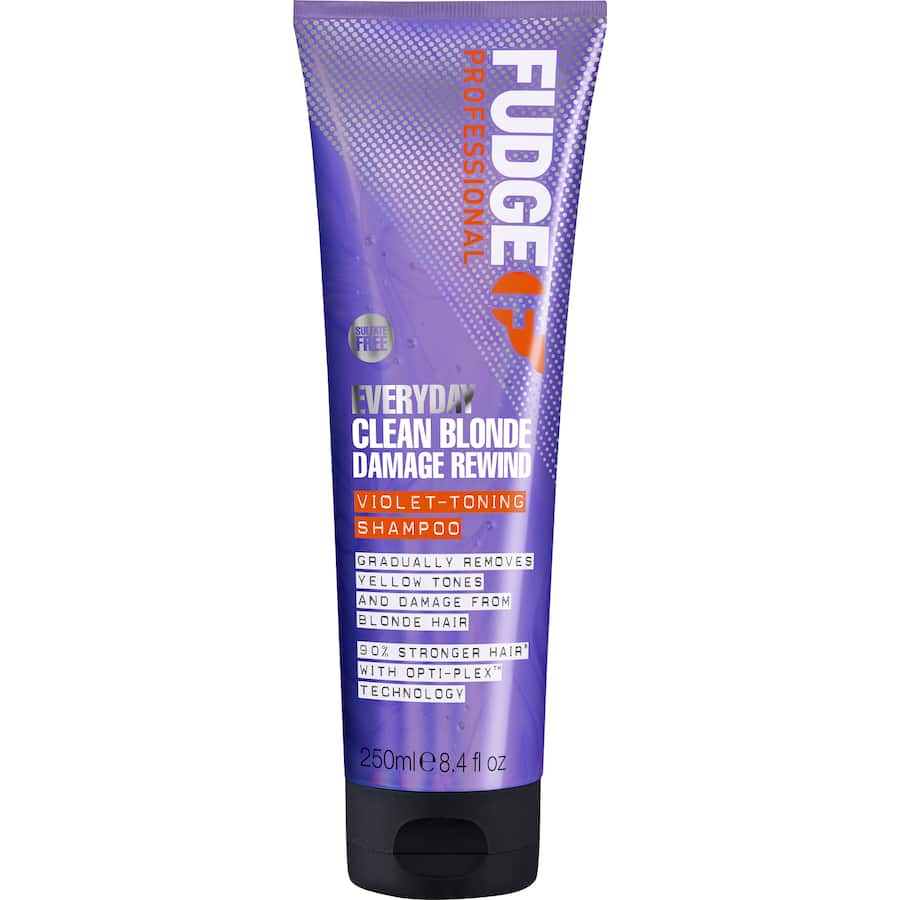 Fudge Professional Toning Shampoo for vibrant blonde hair, neutralizing yellow tones while strengthening and smoothing.