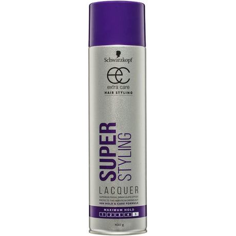 Schwarzkopf Extra Care Hair Lacquer Super Hold spray, offers 48-hour extreme hold with silk shine for radiant, stylish hair.