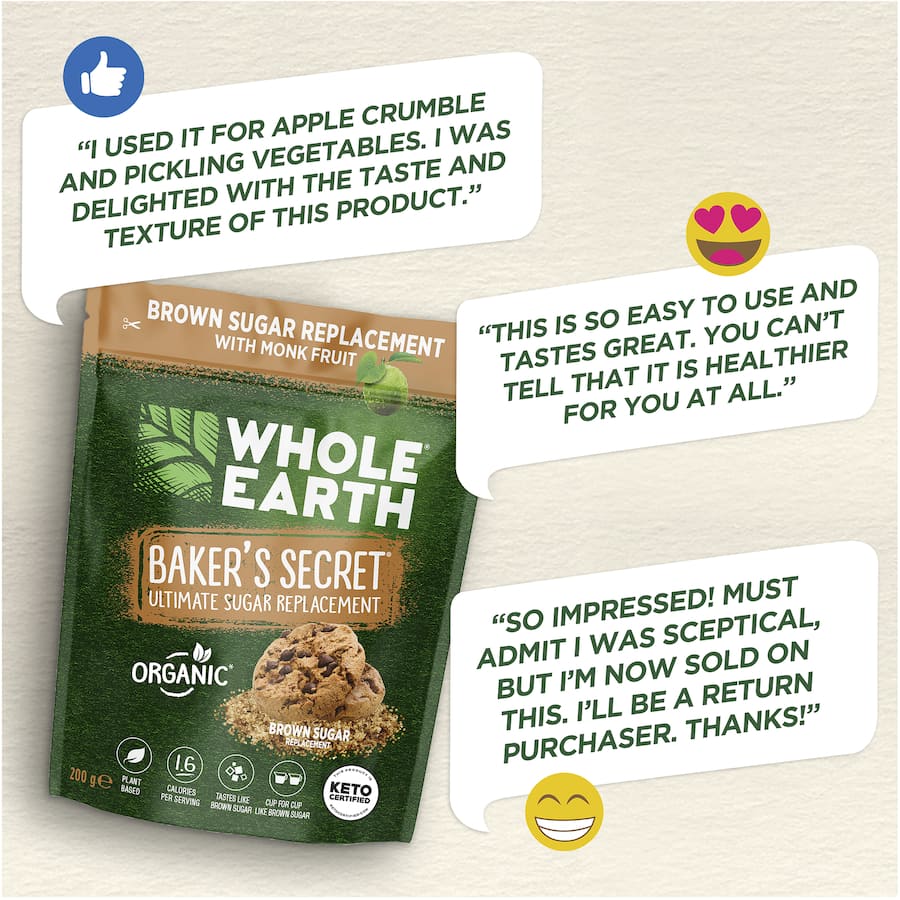 Whole Earth Brown Sugar Replacement: a healthy, low-calorie sweetener for baking, beverages, and sauces with a rich molasses-like taste.