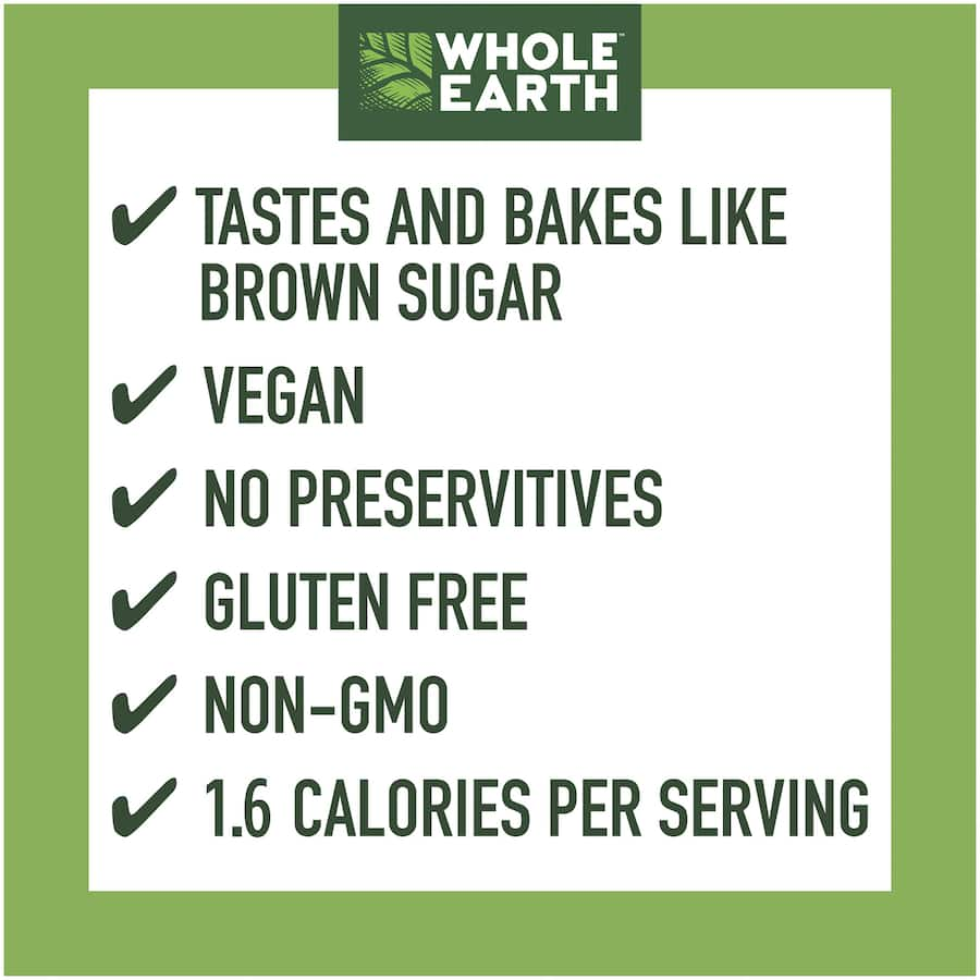 Whole Earth Brown Sugar Replacement: a low-calorie, vegan sweetener for baking and beverages with a rich, molasses-like flavor.