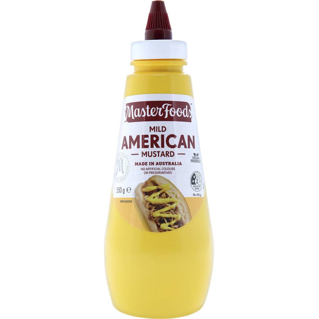 Masterfoods American Mild Mustard in a 250g bottle, perfect for enhancing hot dogs, burgers, salads, and more.