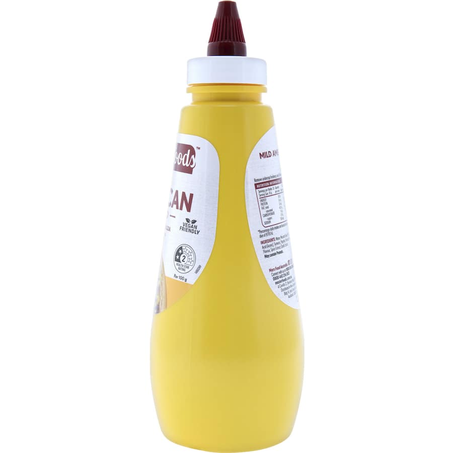 Bottle of Masterfoods American Mild Mustard, ideal for enhancing hot dogs, burgers, and salads with a zesty yet smooth flavor.