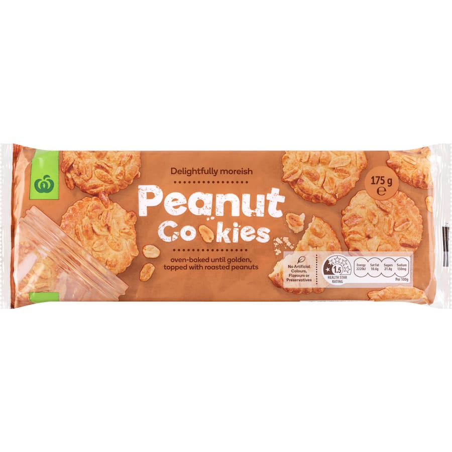 Crunchy Woolworths Peanut Cookies offering a rich peanut flavor; perfect snack for tea or on-the-go enjoyment.