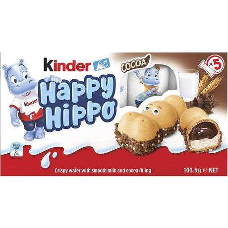 Kinder Happy Hippo Cocoa Biscuit Multipack featuring hippo-shaped wafers filled with cocoa cream and crunchy sprinkles.