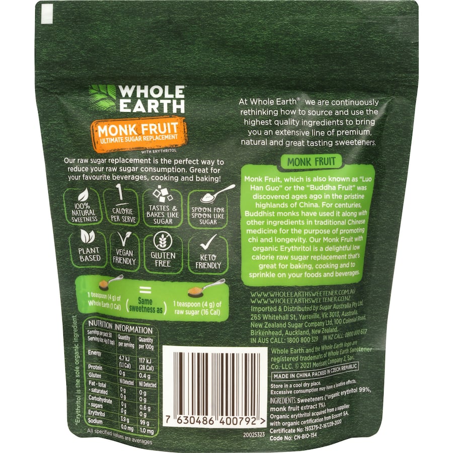 Whole Earth Raw Sugar Replacement, a low-calorie xylitol sweetener perfect for baking, cooking, and beverages.