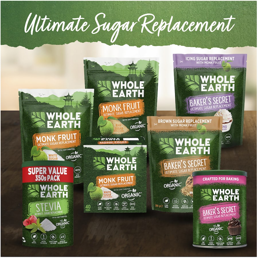 Whole Earth Raw Sugar Replacement: a xylitol-based sweetener for healthy baking and drinks, low-calorie and tooth-friendly.