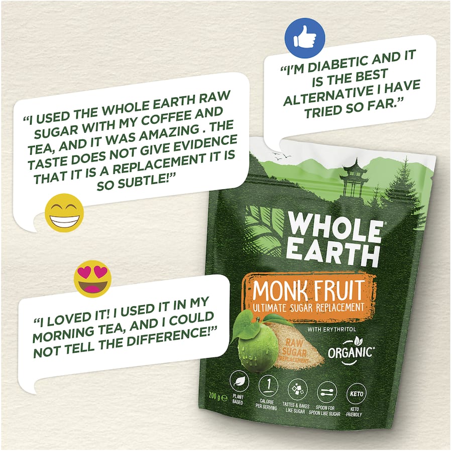 Whole Earth Raw Sugar Replacement: a natural xylitol sweetener, low-calorie, ideal for baking and beverages.