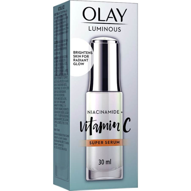 Olay Luminous Super Face Serum with Niacinamide and Vitamin C, brightens skin and reduces dark spots for an even complexion.