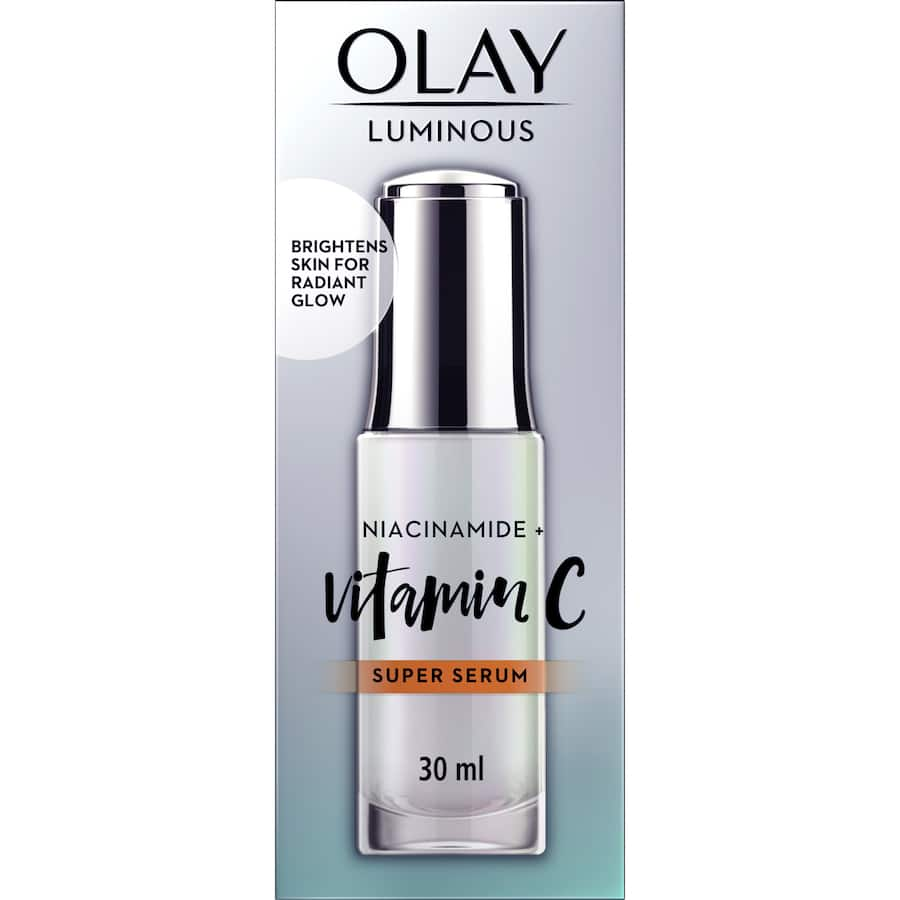 Olay Luminous Super Face Serum with Niacinamide and Vitamin C for brightening, even skin tone, and reducing dark spots.