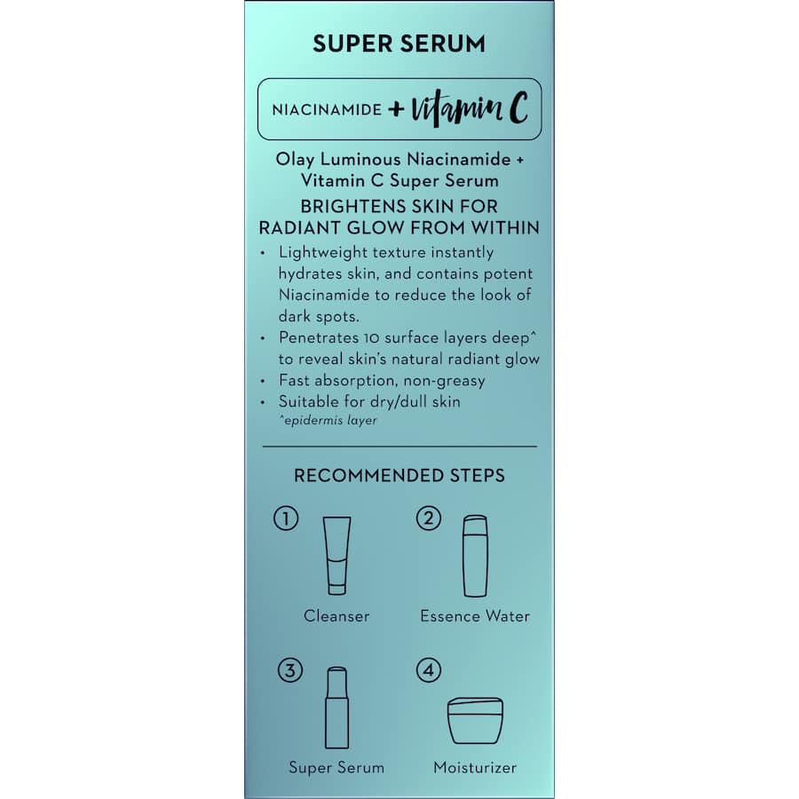 Olay Luminous Super Face Serum with Niacinamide and Vitamin C for brighter, even skin tone and reduced dark spots in 28 days.