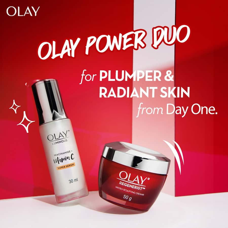 Olay Luminous Super Face Serum with Niacinamide and Vitamin C, designed to brighten and even skin tone in 28 days.